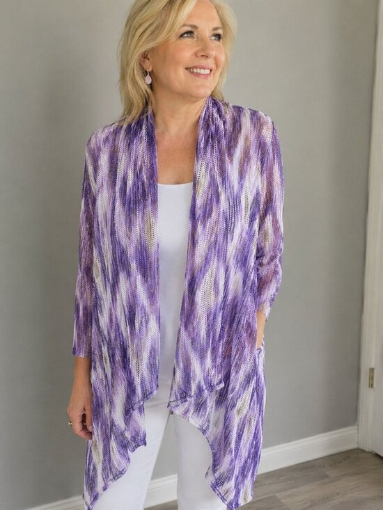 Chico's Sweaters - Chico's Purple & White Ikat Geometric Mesh Open Front Cardigan Size 3 (XL)